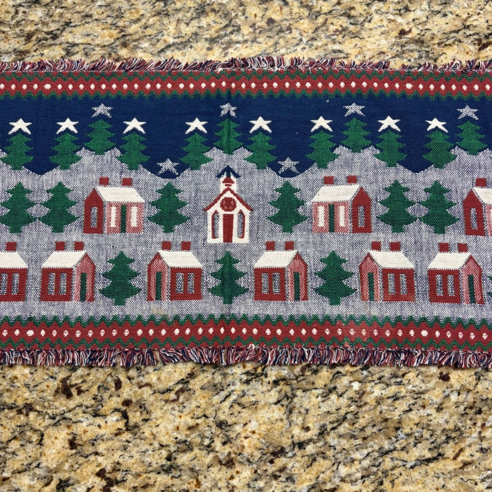 Vintage Christmas Village Woven Tapestry Table Runner Winter Church Stars 53x13